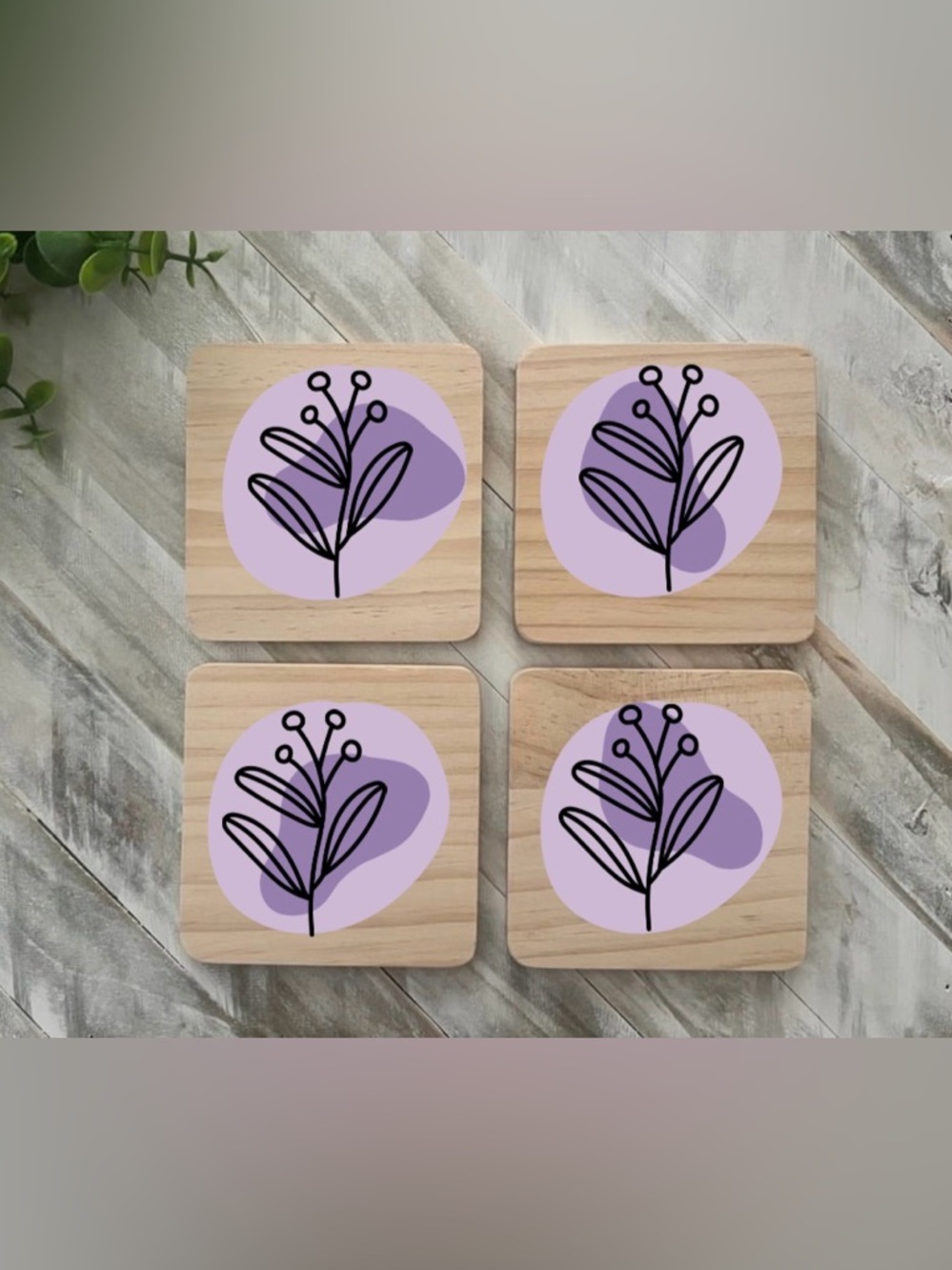 Set of 4 Floral Wood Coasters in Lavender and Purple